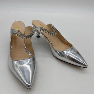 YDN sliver pointy toe rhinestone low heels pumps shoes mules